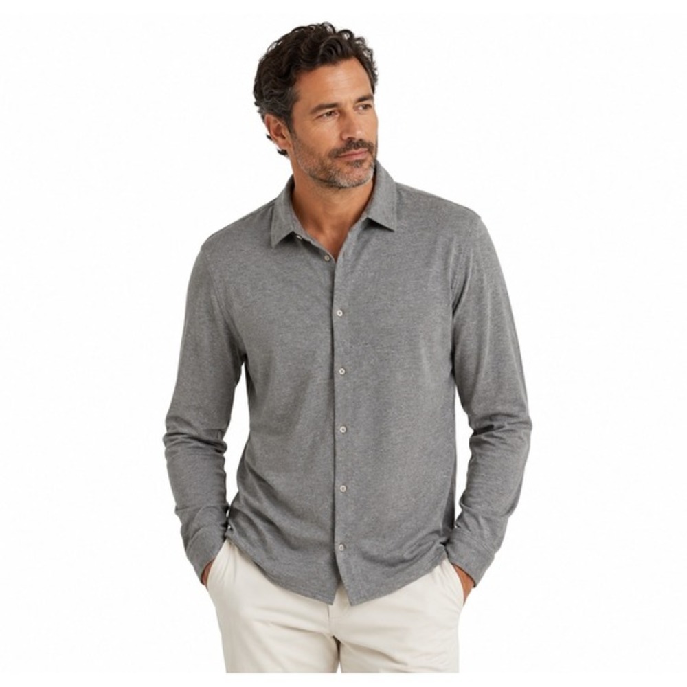 Halston Gray 100% Cotton Long Sleeve Button Down Jersey Shirt Heathered XL 77-43
